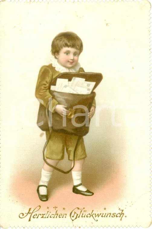 1902 Il piccolo postino Ricordo per l'onomastico *Cartoncino ILLUSTRATO