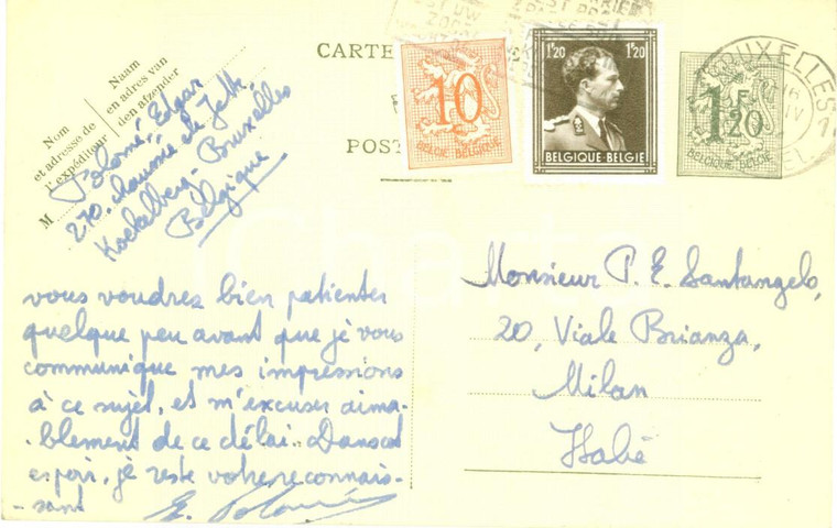 1954 BRUXELLES Edgar Charles POLOME' ringrazia Paolo Ettore SANTANGELO Autografo