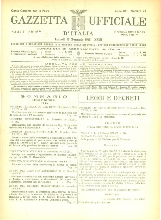 1945 GAZZETTA UFFICIALE RSI Introduzione nuovo sigaretta AMBROSIANA