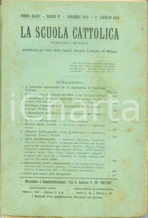 1915 LA SCUOLA CATTOLICA Il Congresso di VIENNA del 1815 *Rivista