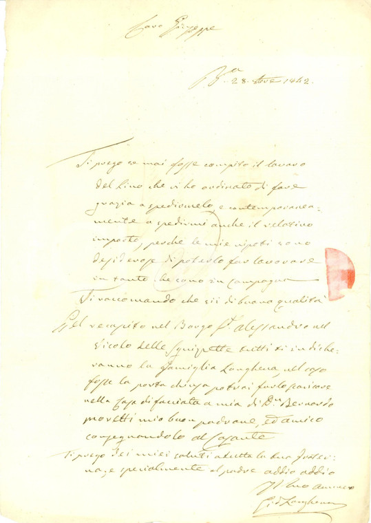 1842 BRESCIA Giovanni LONGHENA sollecita l'invio del lino *Prefilatelica