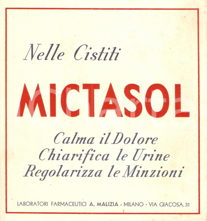 1937 MILANO Laboratori farmaceutici MALIZIA Farmaco MICTASOL contro cistiti