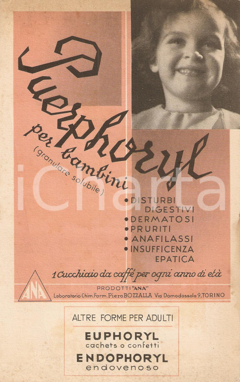 1937 TORINO Farmaci Piero BOZZALLA Prodotti ANA - PUERPHORYL per bambini 