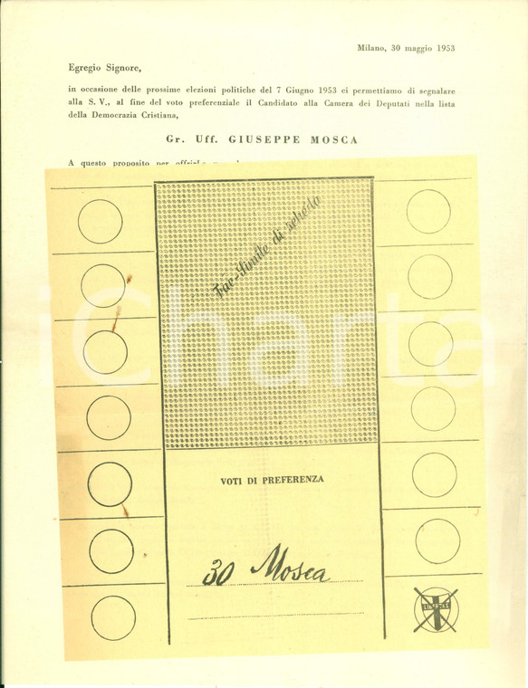 1953 ELEZIONI POLITICHE DC Votate Giuseppe MOSCA Presidente UCID *Volantino