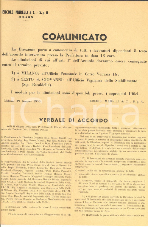 1950 MILANO Azienda ERCOLE MARELLI licenzia 420 lavoratori *Documento