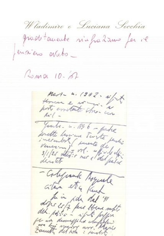 1967 ROMA Biglietto Wladimiro SECCHIA e Luciana appunti Leo VALIANI *Autografo