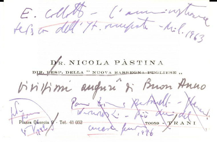 1970 ca TRANI Biglietto Nicola PASTINA con appunti Leo VALIANI *Autografo