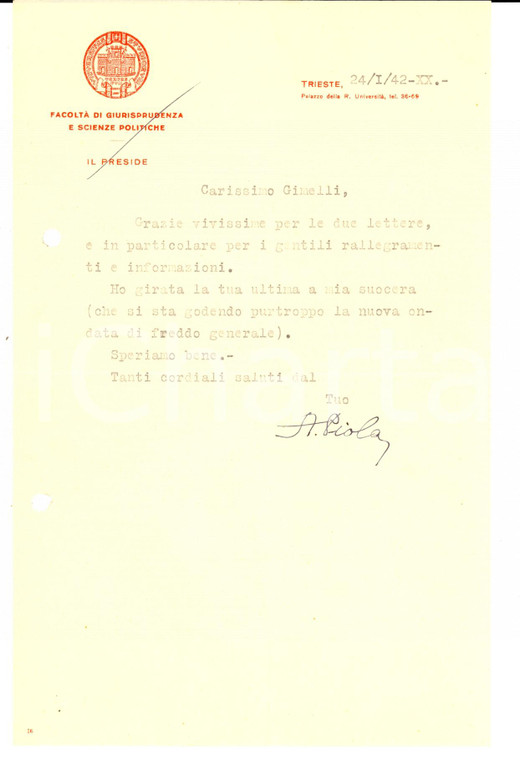 1942 TRIESTE Lettera prof. Andrea PIOLA Facoltà di Giurisprudenza *AUTOGRAFO