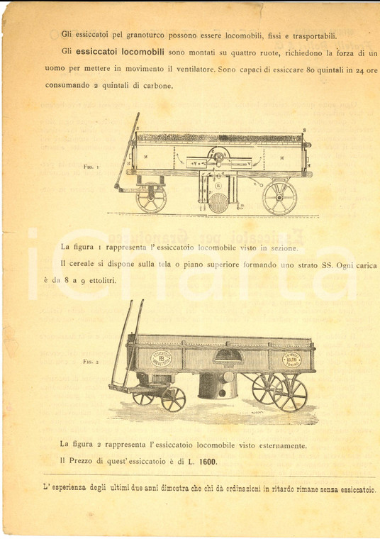 1899 MILANO Officine Meccaniche BOLTRI Essiccatori per granoturco *Pubblicitario