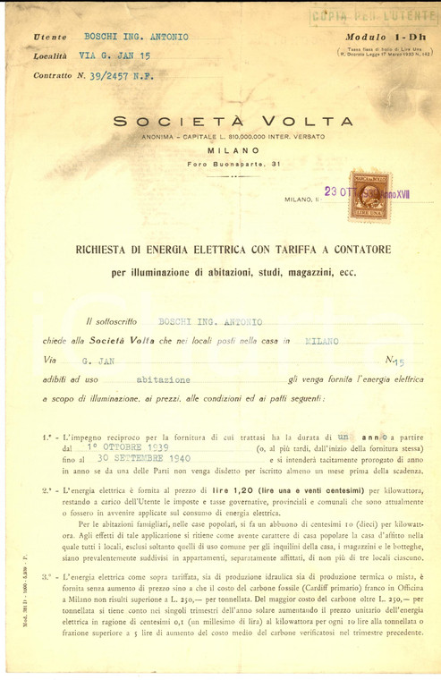 1939 MILANO Contratto SOCIETA' VOLTA Fornitura energia elettrica privata