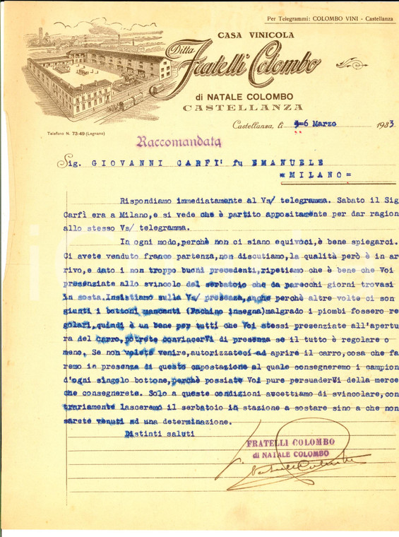 1939 CASTELLANZA (VA) Fratelli COLOMBO Casa vinicola *Lettera commerciale