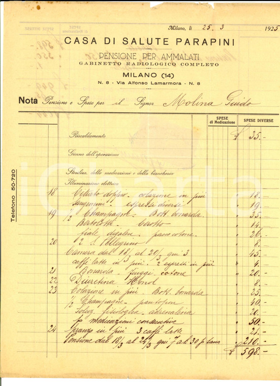 1925 MILANO Casa di salute PARAPINI Gabinetto radiologico Spese Guido MOLINA (1)