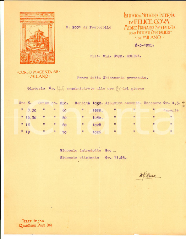 1925 MILANO Felice COVA Paganini della toracoscopia *Autografo prove glicosuria