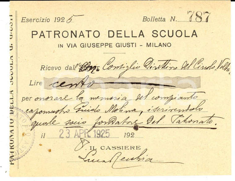 1925 MILANO Guido MOLINA socio perpetuo patronato scolastico Giuseppe GIUSTI