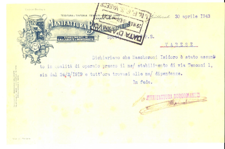 1943 GALLARATE (VA) Manifattura BORGOMANERI Assunzione Isidoro MASCHERONI