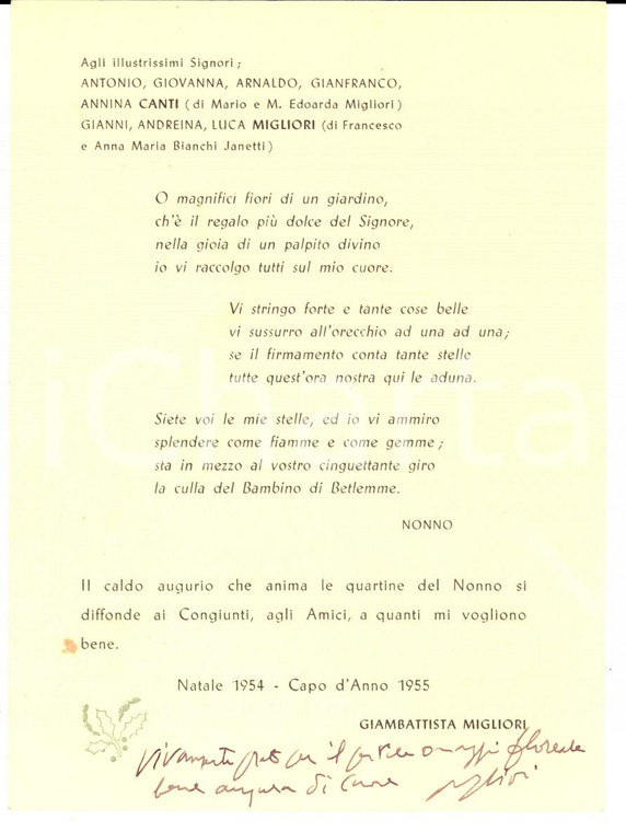 1954 ROMA Auguri di Natale con poesia di Giambattista MIGLIORI *Autografo