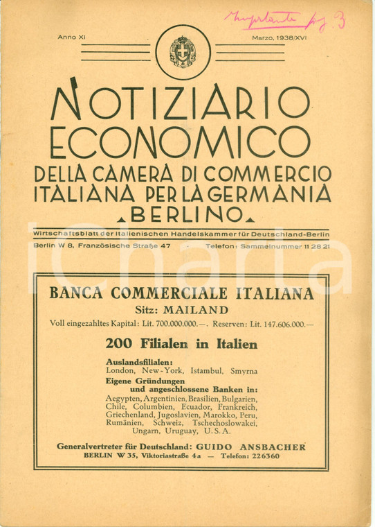 1938 BERLIN Camera di Commercio Italiana Cenni su economia AUSTRIA *Rivista