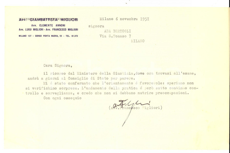 1951 MILANO Lettera avv. Francesco MIGLIORI ad Ada BERTOGLI *Autografo