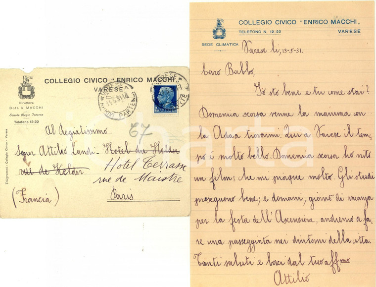 1931 VARESE Collegio Civico Enrico MACCHI *Lettera Attilio LANDI al padre