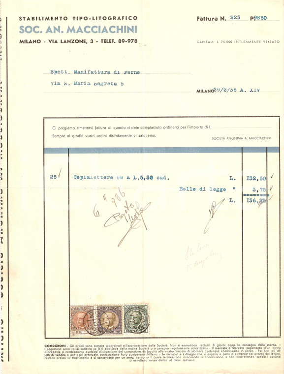1936 MILANO Società anonima MACCIACHINI Stabilimento tipo-litografico *Fattura