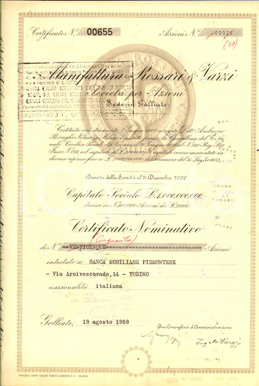 1959 GALLIATE NO Manifattura ROSSARI E BRAZZI certificato azionario NOVE CEDOLE