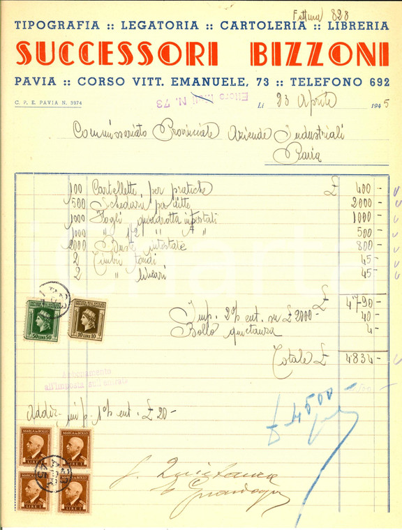 1945 PAVIA Ditta Successori BIZZONI Tipografia Legatoria Cartoleria *Fattura