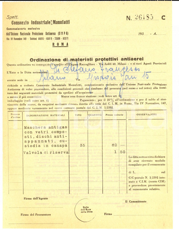 1939 MILANO Ditta Francesco DI STEFANO acquista maschere antigas per dipendenti