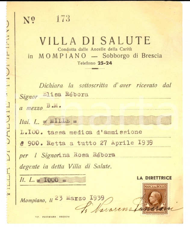 1939 MOMPIANO (BS) Retta VILLA DELLA SALUTE degente Rosa REBORA