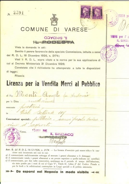 1945 VARESE Licenza vendita Angelo MONTI polleria, suini e vino d'asporto