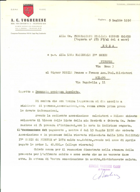 1956 CALCIO VOGHERESE Presidente BARBIERI contro l'affronto subito *Autografo