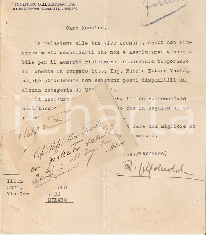 1932 MILANO Tenente Nunzio Ettore VENTO non può essere raccomandato *Lettera