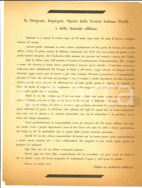 1932 MILANO Morte di Giovanni Battista PIRELLI - Comunicato ai dipendenti