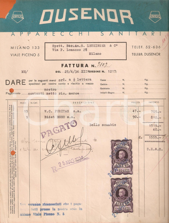 1934 MILANO Apparecchi sanitari DUSENOR Vendita WC DANNEGGIATA *Fattura