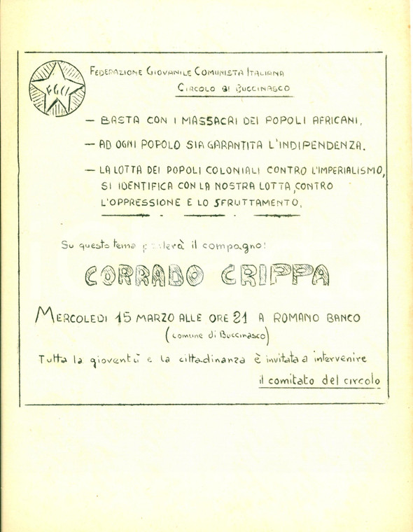 1955 ca BUCCINASCO MI PCI Corrado CRIPPA vs Imperialismo coloniale ROMANO BANCO