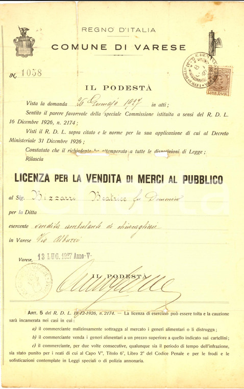 1927 VARESE Licenza a Beatrice BIZZARRI vendita ambulante chincaglierie