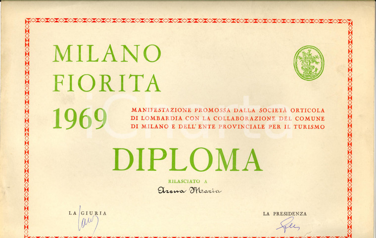 1969 MILANO FIORITA Diploma per Maria ARENA Società Orticola LOMBARDIA