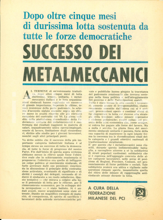 1973 MILANO PCI per successo lotte metalmeccanici ILLUSTRATO *Opuscolo