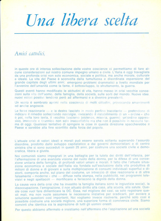 1972 PROPAGANDA POLITICA PCI Cattolici votate Comunista, non DC *Volantino