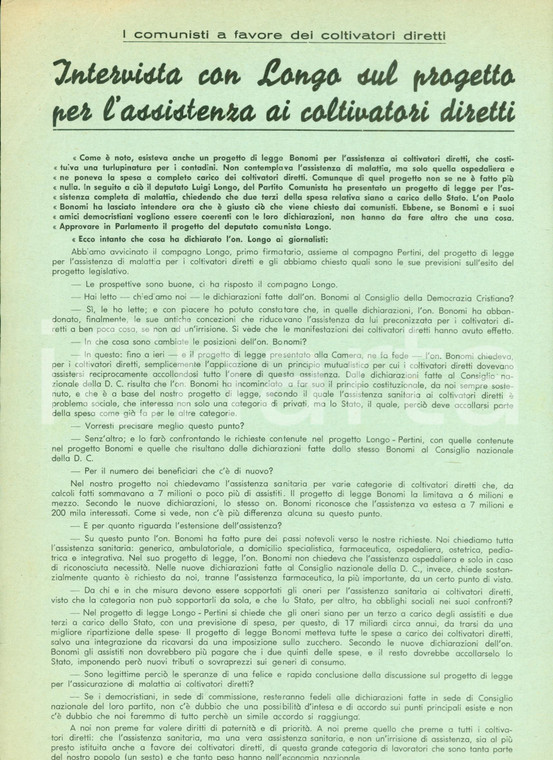 1954 PROPAGANDA POLITICA PCI Luigi LONGO assistenza coltivatori diretti