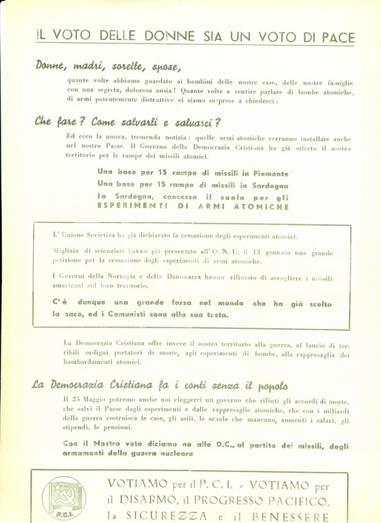 1958 PROPAGANDA POLITICA PCI La DC vuole basi atomiche in ITALIA *Volantino