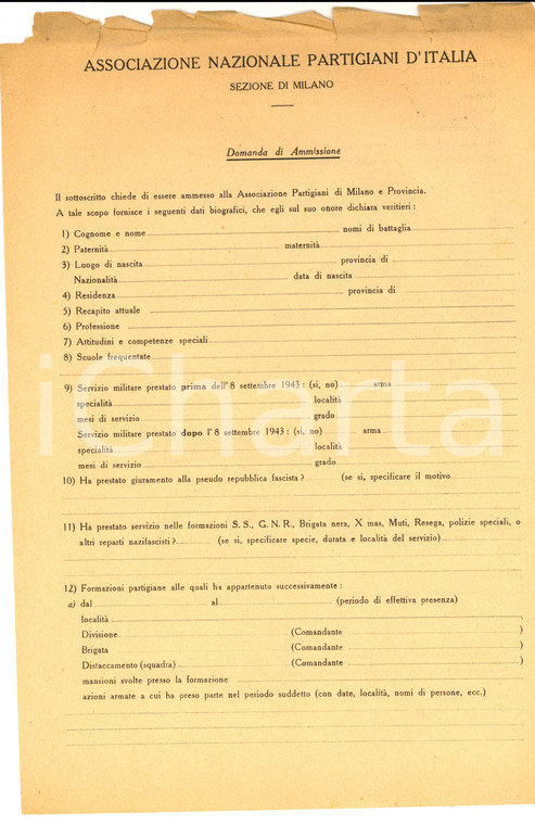 1945 ca MILANO Associazione Nazionale PARTIGIANI D'ITALIA Domanda di ammissione