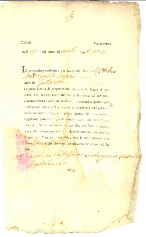 1798 REPUBBLICA CISALPINA GALLARATE (VA) Procura a Francesco BESOZZI