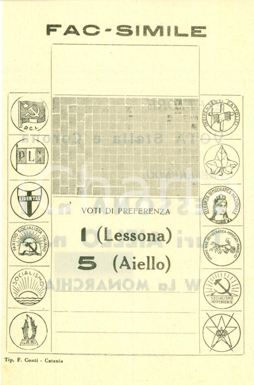 1948 CATANIA Elezioni politiche Alessandro LESSONA Turi AIELLO Stella e Corona