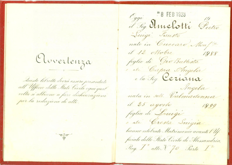 1923 ALESSANDRIA Matrimonio Lanfranco AMELOTTI Angela CERIANA *Documento