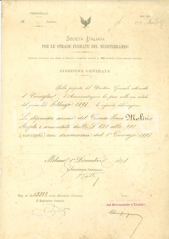 1893 MILANO Società Ital. Strade Ferrate MEDITERRANEO Aumento Angelo MOLINO