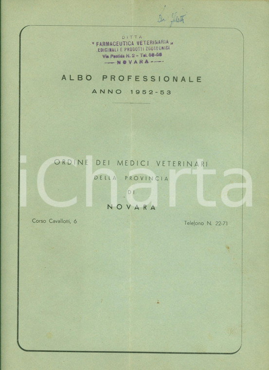 1952 NOVARA Ordine medici veterinari albo professionale Farmaceutica veterinaria