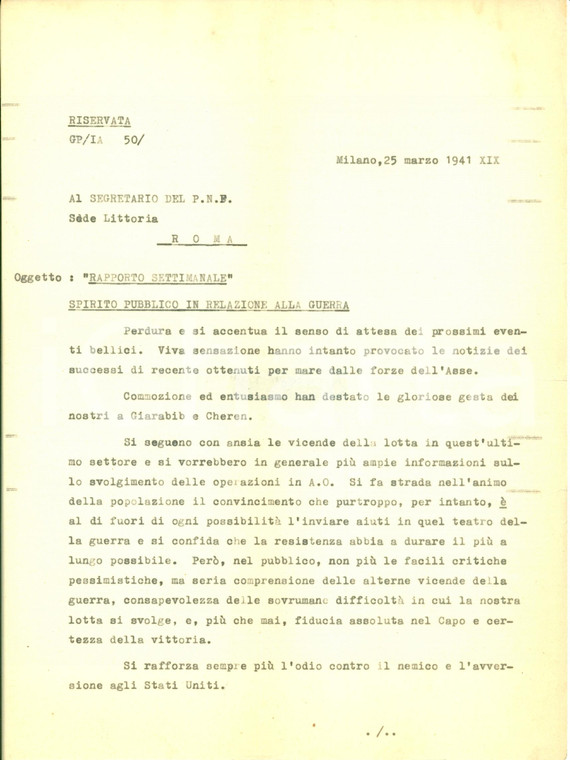 1941 MILANO WWII La città ha fiducia assoluta nel DUCE per la vittoria Documento