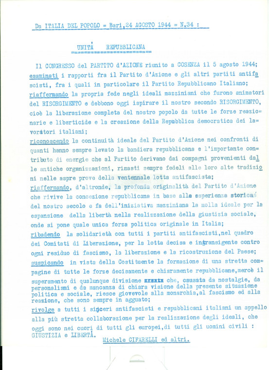 1944 COSENZA Michele CIFARELLI sollecita unità antifascisti per COSTITUENTE