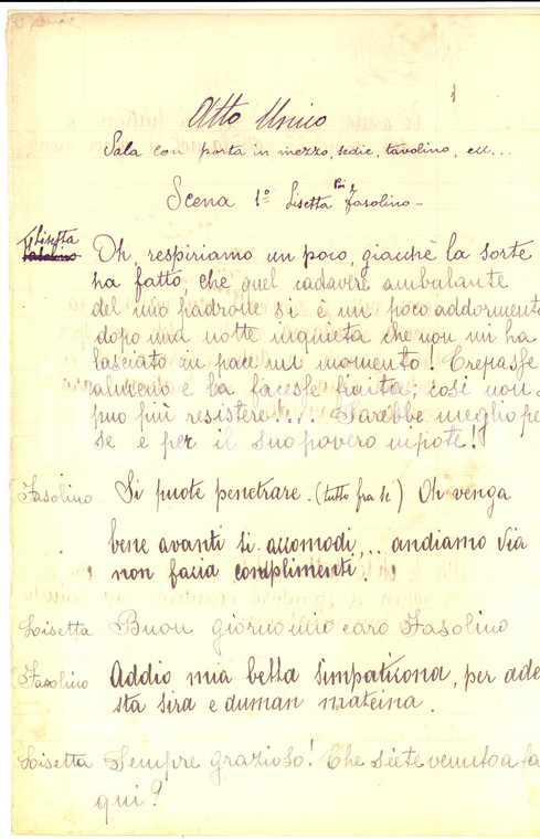 1940 ca TEATRO Avventure di FASOLINO *Copione manoscritto 14 pp.