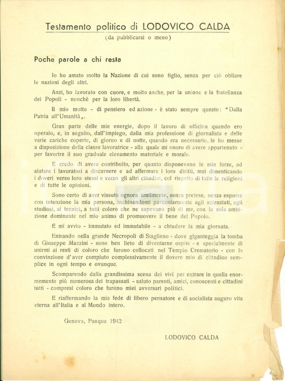 1942 GENOVA Testamento politico Lodovico CALDA *Documento DANNEGGIATO